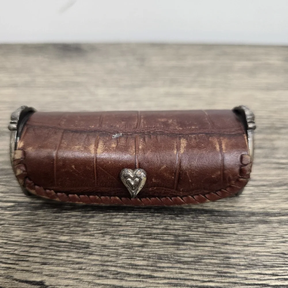 Vintage Brighton Lipstick Case Tube Holder Brown Leather Mirror Silver Heart